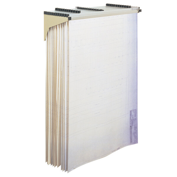 A Safco metal wall rack with file sheets in it.