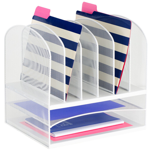 A white Safco mesh desk organizer with blue and white striped folders.