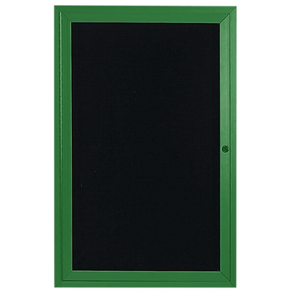 A green and black framed bulletin board with a black letter board.