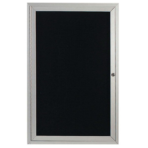 An Aarco outdoor directory board with a black letter board and a silver frame on a white door.