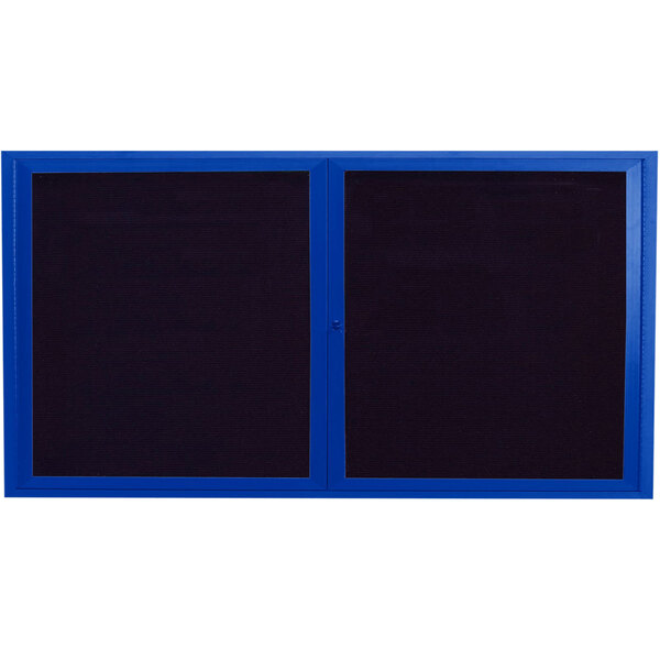 A blue aluminum rectangular bulletin board with 2 blue framed doors and black letter board.