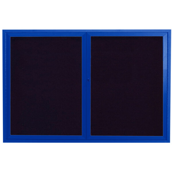 A blue aluminum Aarco outdoor directory board with black letter board behind glass doors.