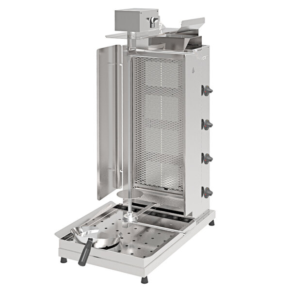 An Inoksan stainless steel vertical broiler with a mesh shield.