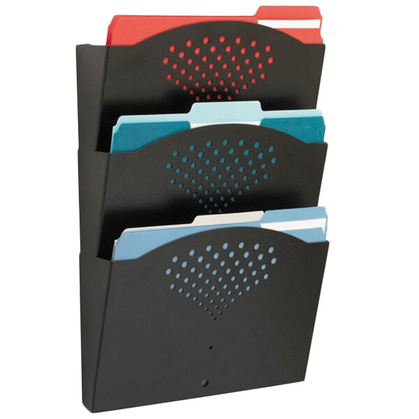 A black Safco steel wall file with three multicolored folders inside.