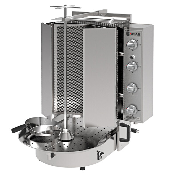 An Inoksan stainless steel vertical broiler with a metal grid and a metal pan.