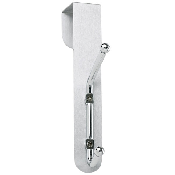 A chrome plated steel Safco double over door coat hook with a metal rod and metal hooks.