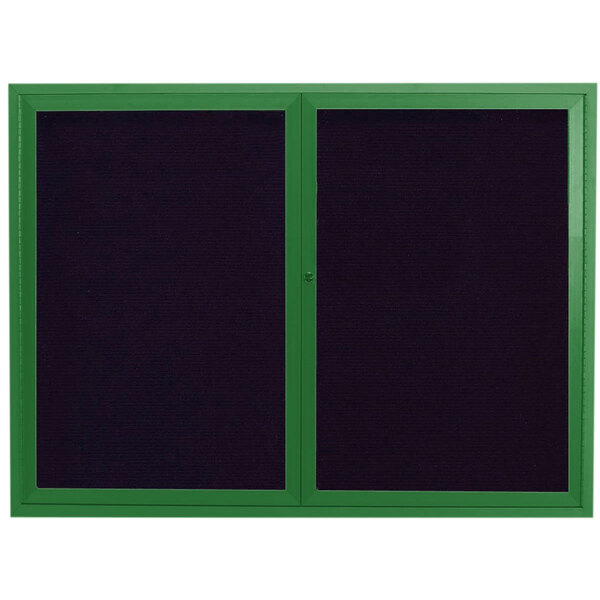 A green aluminum enclosed bulletin board with black letter board inside.