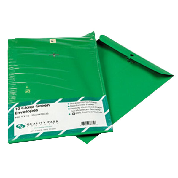 Quality Park 38735 #90 9" x 12" Green Clasp / Gummed Seal File Envelope - 10/Pack