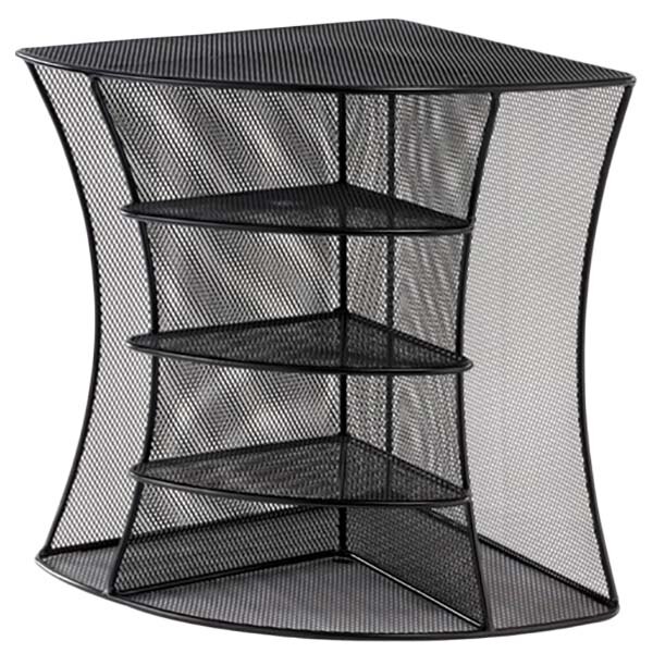 A black wire mesh corner desktop organizer with six sections.