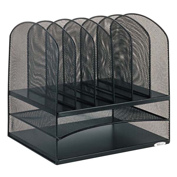A black Safco wire mesh desktop organizer with eight sections.
