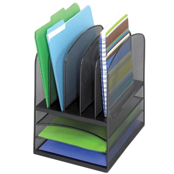 A black Safco mesh desktop organizer with eight sections holding folders.