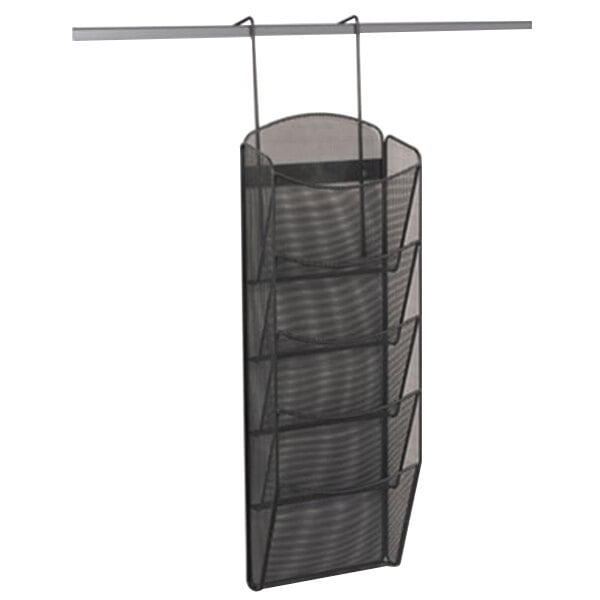 A black wire rack with five compartments.