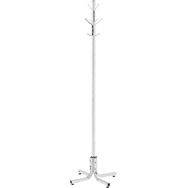 A chrome metal Safco coat rack with two legs.