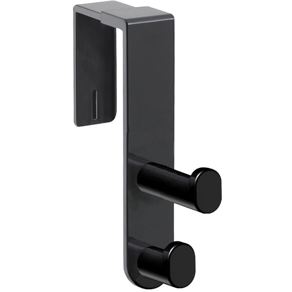 A black plastic Safco double coat hook with two round black holes.