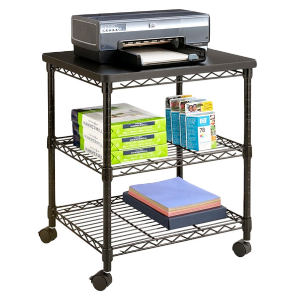 A Safco black wire printer stand with a printer on it.