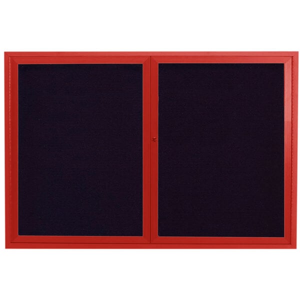 A red aluminum Aarco enclosed bulletin board with black letter board inside.