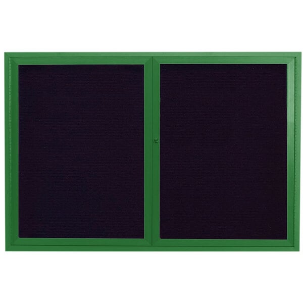 A green aluminum Aarco outdoor directory board with black letter board inside a black rectangular frame with green borders.