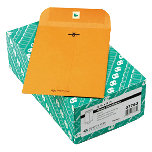 Quality Park 37763 #63 6 1/2" x 9 1/2" Brown Kraft Clasp / Gummed Seal File Envelope - 100/Box