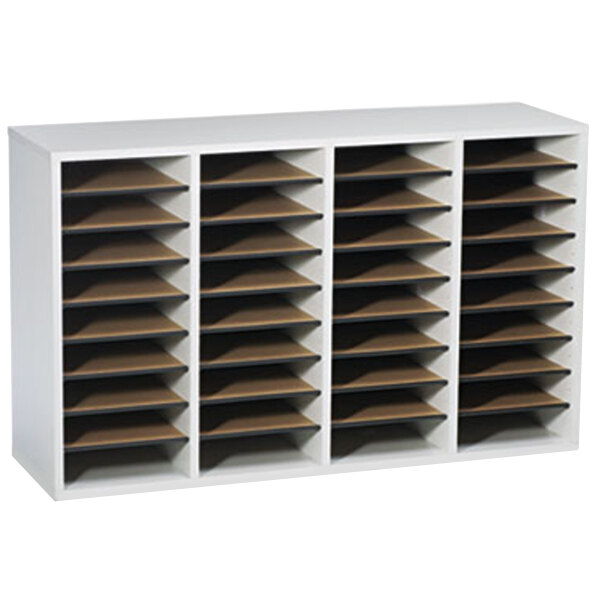 A gray Safco wood file organizer with many compartments.