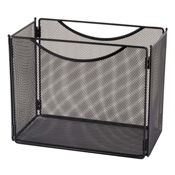 A Safco black mesh steel file storage box with a handle.