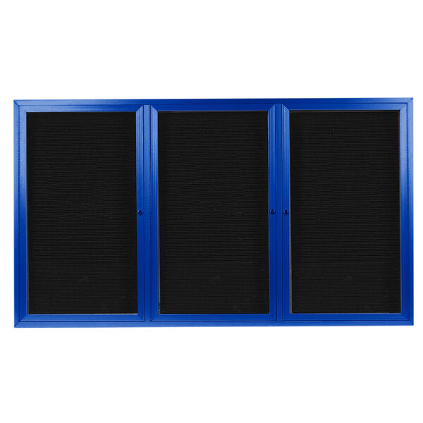 A blue and black cabinet with three black rectangular doors.