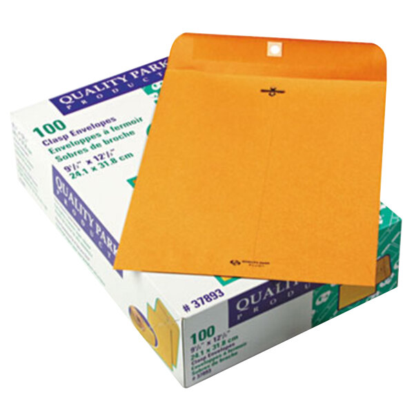 A box of brown Kraft file envelopes with a label.