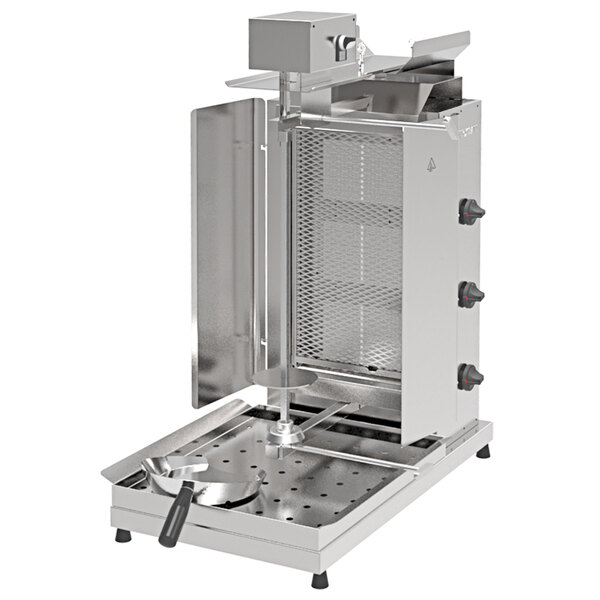 An Inoksan natural gas vertical broiler with a mesh shield over the meat.