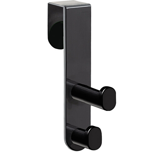 A black plastic Safco double over door coat hook with two round black handles.