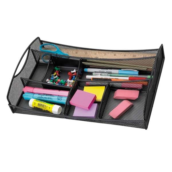 A black mesh Safco drawer organizer with various stationery items including pens, pencils, and other office supplies.