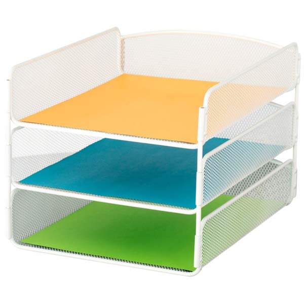 A white Safco steel mesh desk tray organizer with colorful papers in each section.