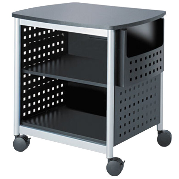 A black and silver Safco mobile printer stand with shelves and wheels.
