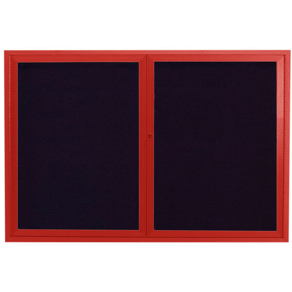 A red aluminum Aarco enclosed bulletin board with black letter board.