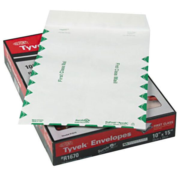 A box of 100 white Tyvek® envelopes with a close-up of a white envelope on top.