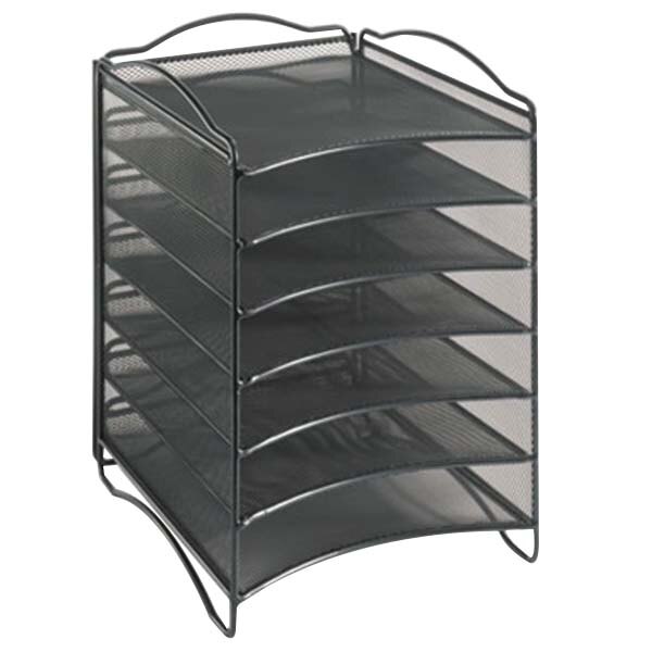 A black wire mesh desktop organizer with six sections.