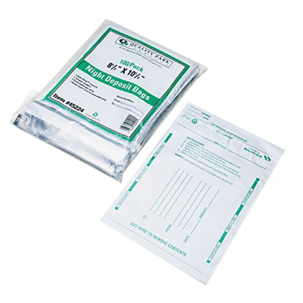 A package of 100 opaque plastic bank deposit bags with a green and white label.