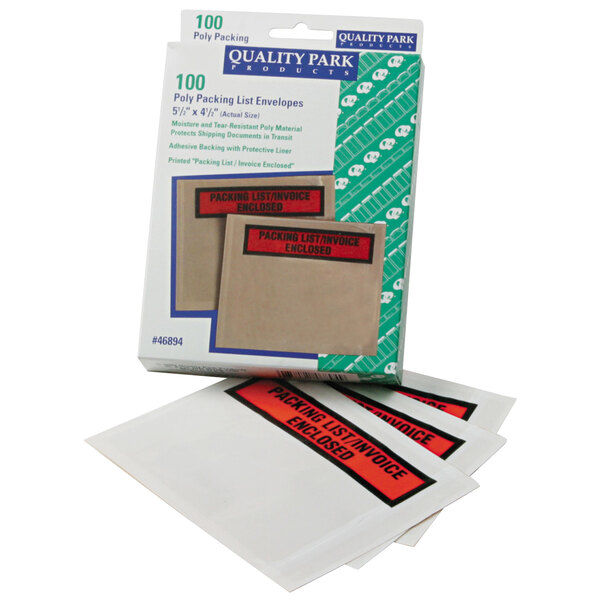 A package of 100 Quality Park clear and orange top print packing list envelopes with window and self adhesive seal.