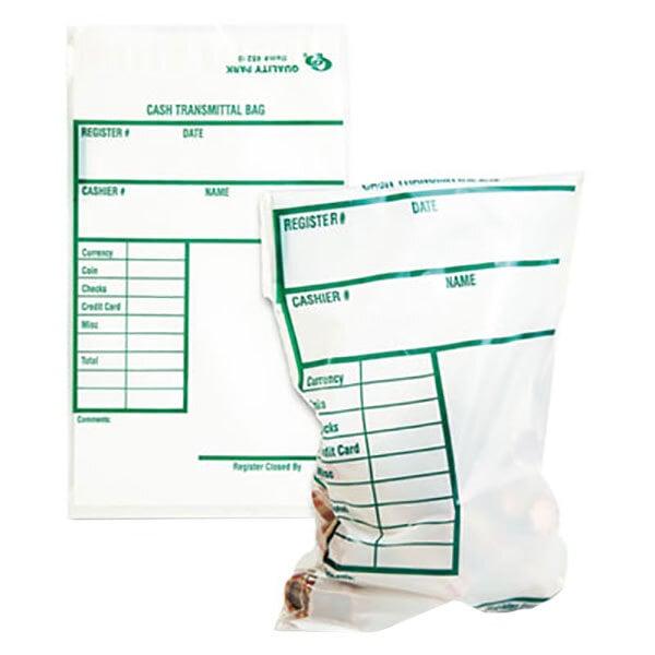 A white Quality Park cash transmittal bag with a green printed information block.