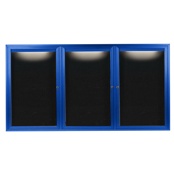 A blue Aarco outdoor message center with black letter boards and 3 doors.