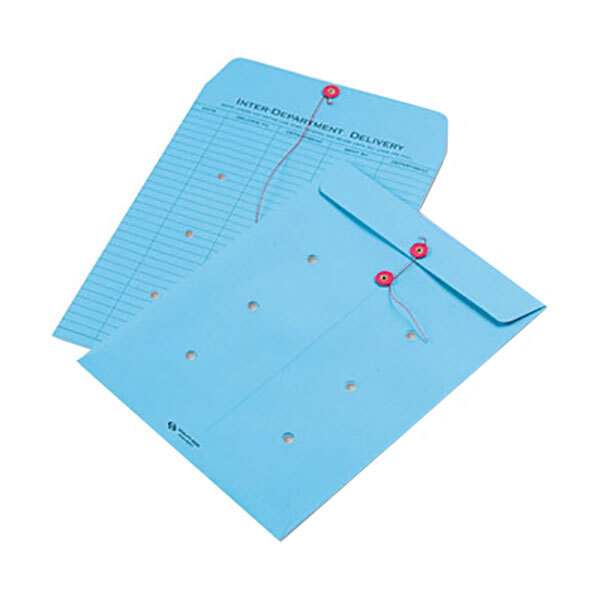Two blue Quality Park interoffice envelopes with red string and button closures.
