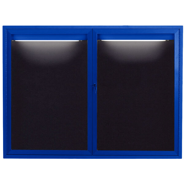 A blue Aarco enclosed bulletin board with black letter board and two doors.
