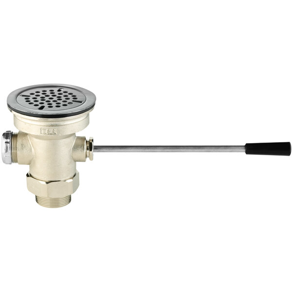 A T&S metal lever handle waste valve with a strainer over a drain.