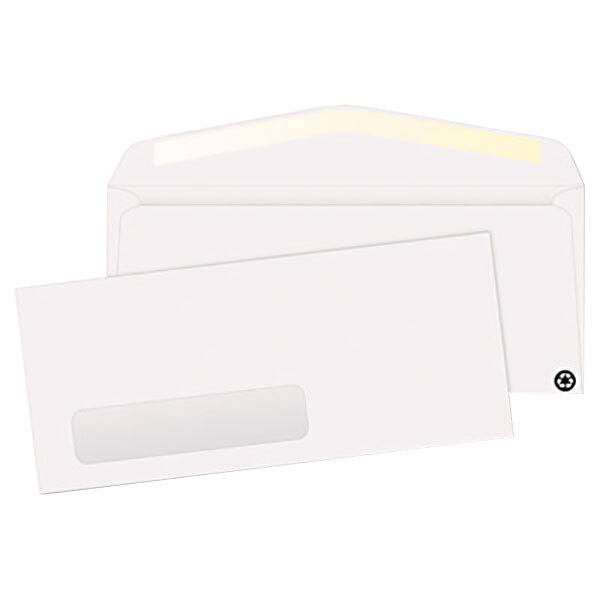 A close-up of a Quality Park white business envelope with a rectangular window.