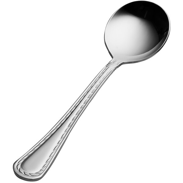 A close-up of a Bon Chef Bonsteel bouillon spoon with a handle.