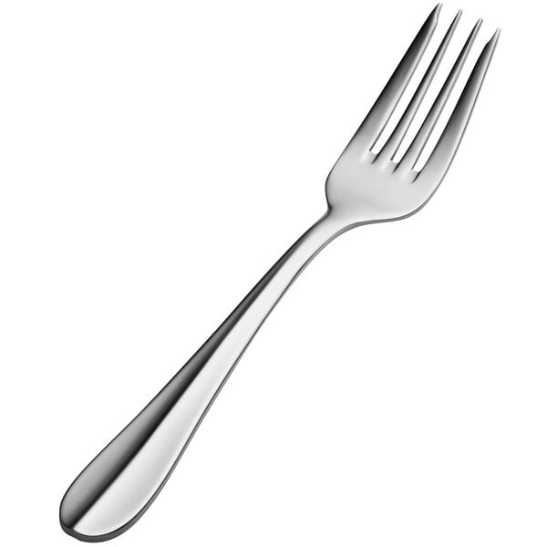A close-up of a Bon Chef salad/dessert fork with a silver handle.