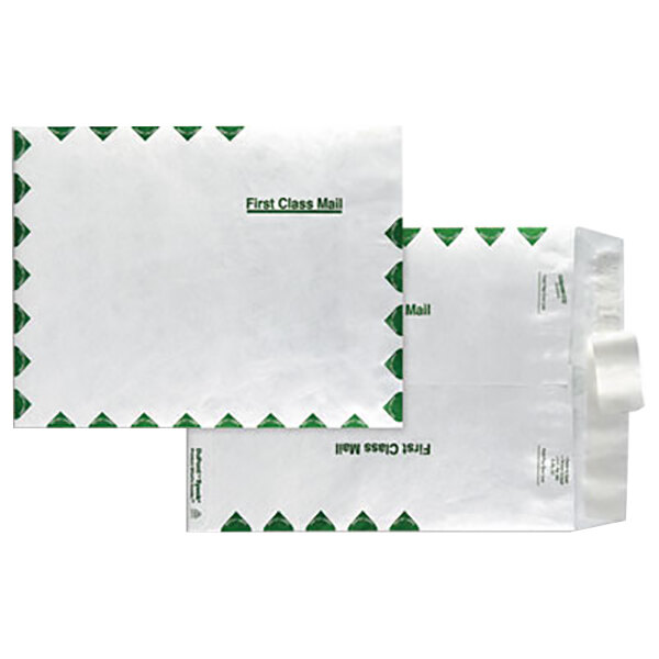 Two white Survivor Tyvek envelopes with a green border.