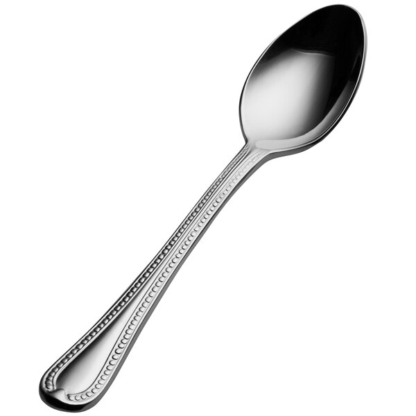 A Bon Chef stainless steel demitasse spoon with a beaded design on the handle.