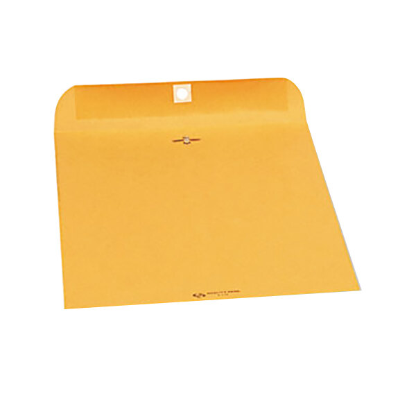 A close-up of a yellow Quality Park file envelope with a clasp.