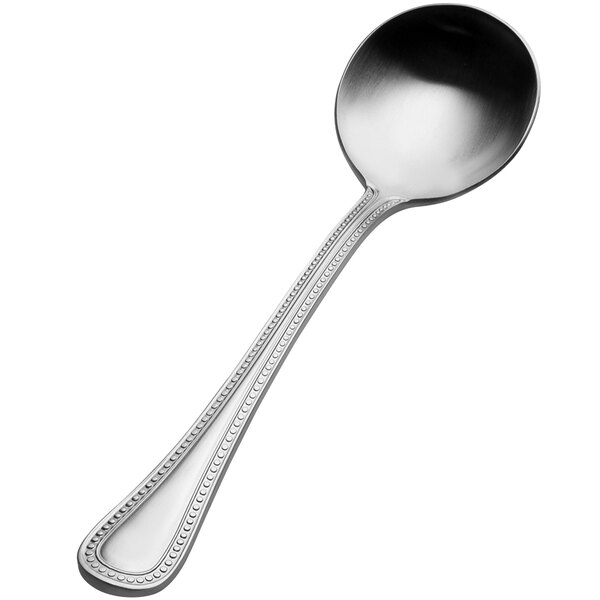 A silver Bon Chef bouillon spoon with a handle.
