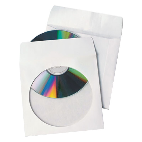 A white Quality Park CD/DVD sleeve with a CD inside.