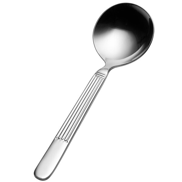 A Bonsteel bouillon spoon with a silver handle.